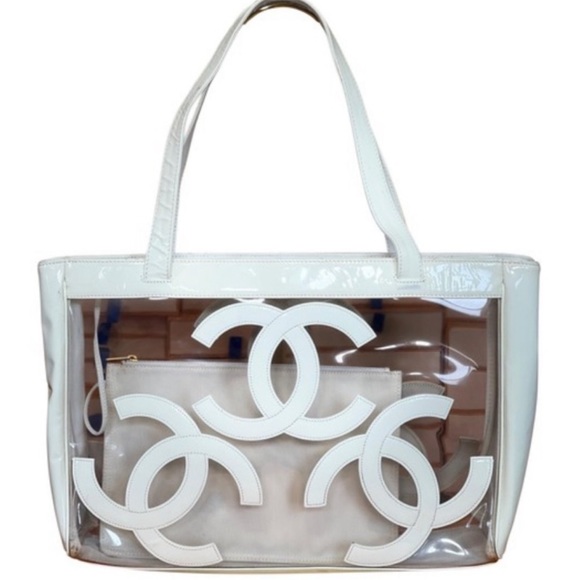 CHANEL Beach🏝️Clear Vinyl Triple CC Logo Transparent XL Shoulder Beach Tote Bag - Picture 16 of 16